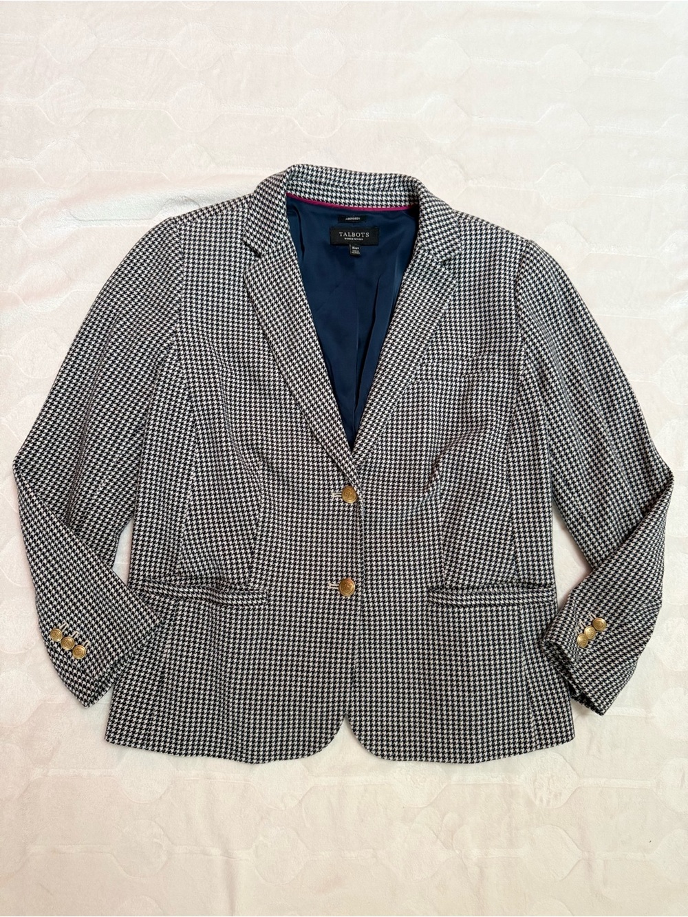Talbots Woman Petites Aberdeen Houndstooth Blazer 16WP Black Ivory Gold Button